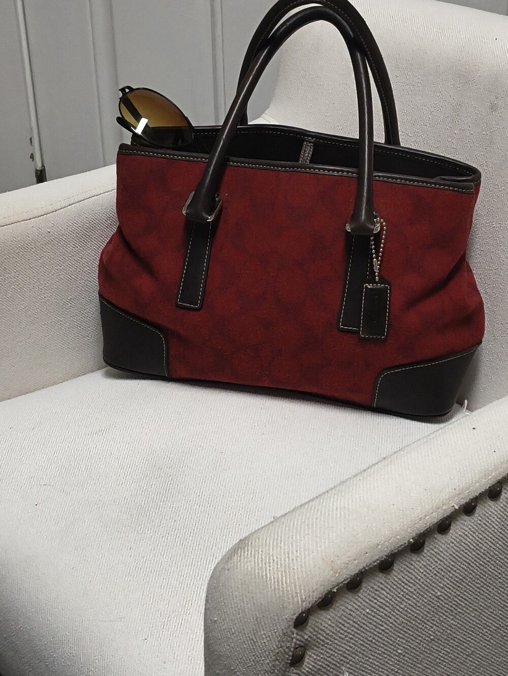 Coach Hamptons Weekend Signature Suede Tote Bag Red Brown Leather Excellent Cond - Picture 13 of 15